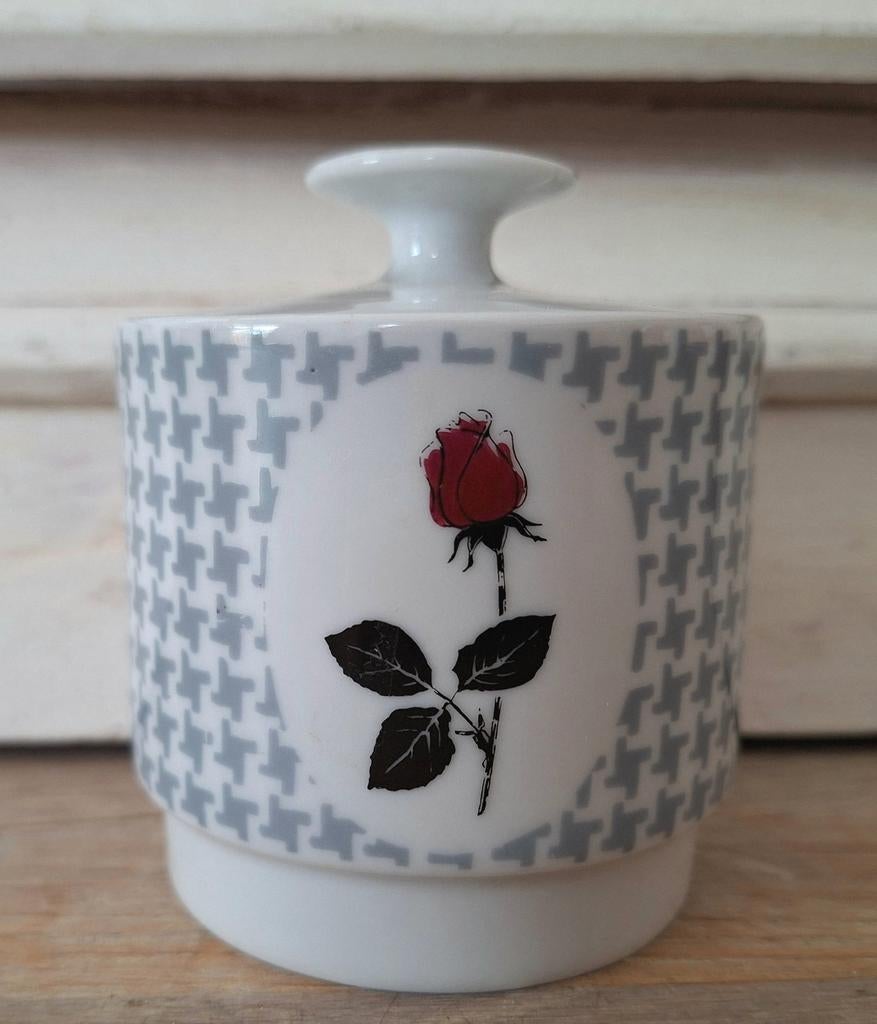 Vintage suikerpot, Pied de poule, Roosje, porselein, Ophalen of Verzenden