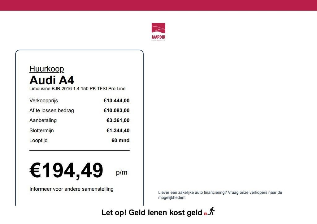 Audi A4 Limousine BJR 2016 1.4 150 PK TFSI Pro Line TREKHAAK, Auto's, Voorwielaandrijving, Stof, 4 cilinders, A4