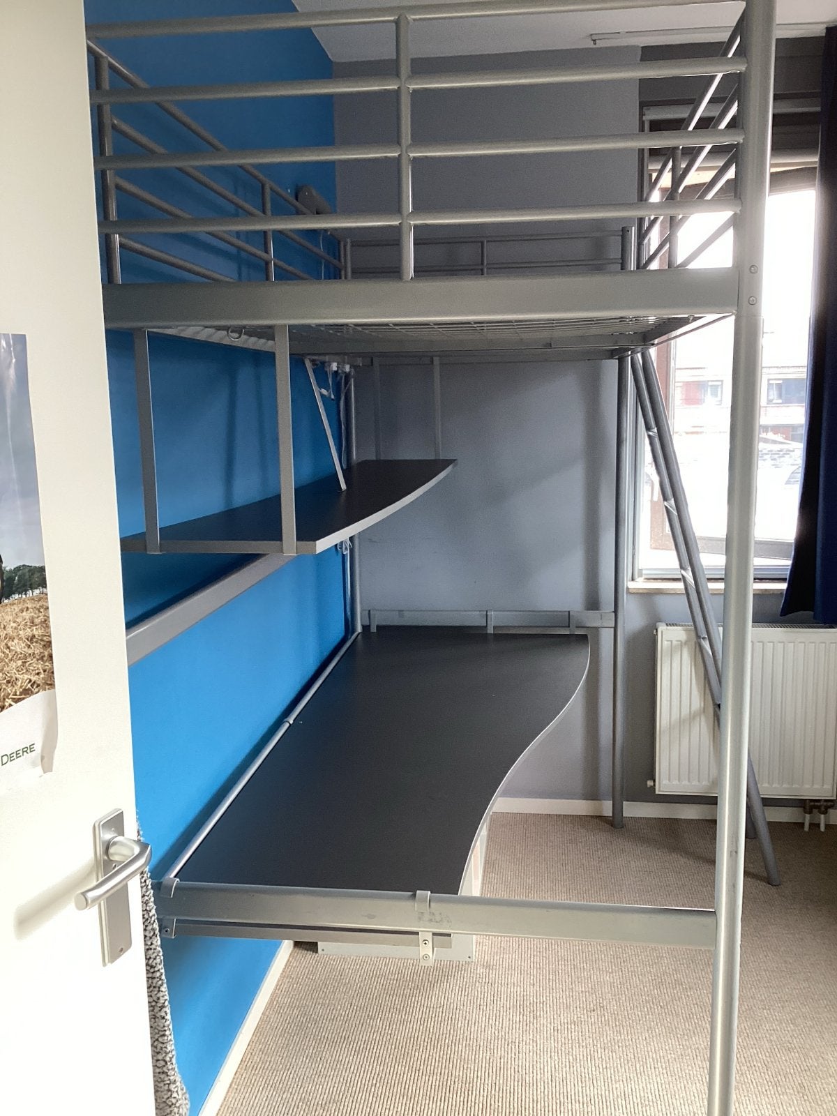 Hoogslaper met bureau, trapje en plank- Grijs metaal Ikea, Ophalen, Gebruikt, Eenpersoons, 200 cm