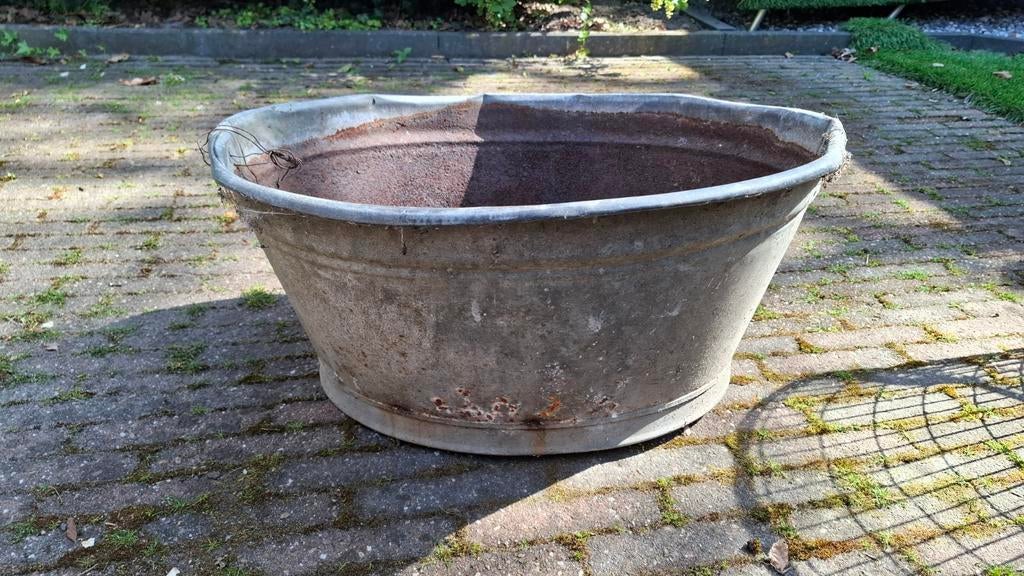 Oude zinken teil - Vintage plantenbak, Ophalen, Gebruikt, Rond, Metaal