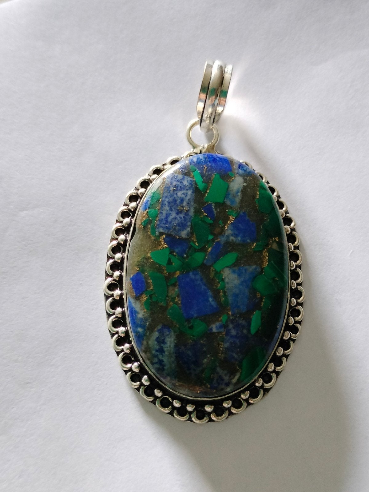 Zilveren hanger met lapis lazuli/ malachiet, Overige voorstellingen, Nieuw, Met edelsteen, Zilver