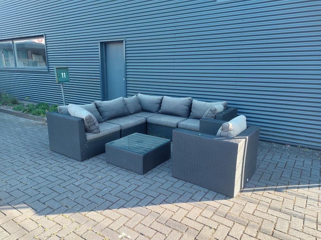 Loungeset hoekbank wicker met tafel, stoel en kussens, 5 zitplaatsen, Gebruikt, Ophalen of Verzenden, Bank