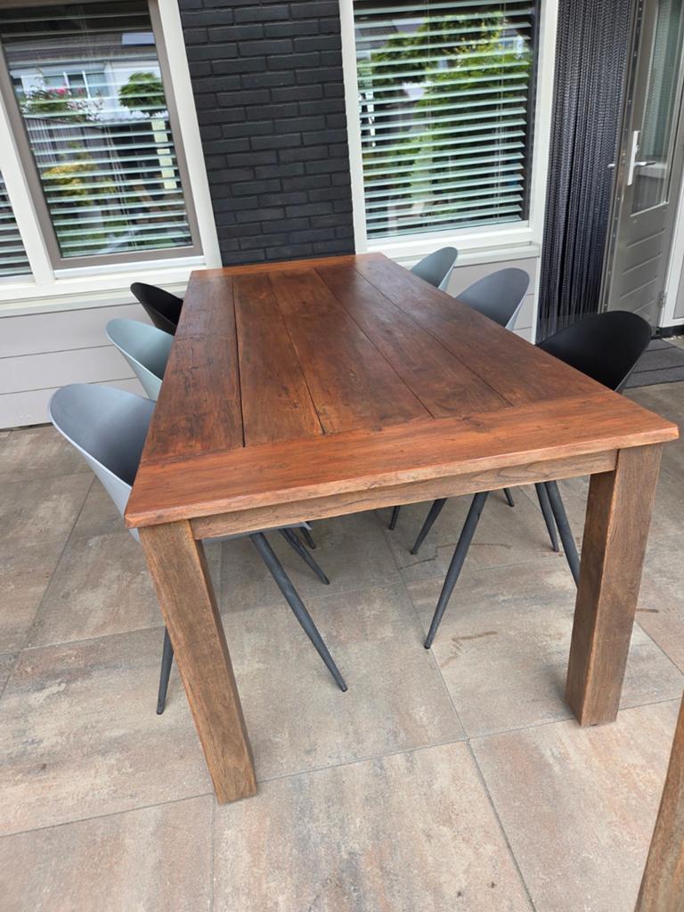 Teakhouten eethoek met 6 stoelen, Ophalen, Gebruikt, 200 cm of meer, 50 tot 100 cm