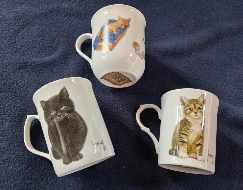 Katten van Francien. 3 mokken. 2 x D.E. + Kat Joris. 1990’s, Verzenden, Mok, Zo goed als nieuw, Overige stijlen