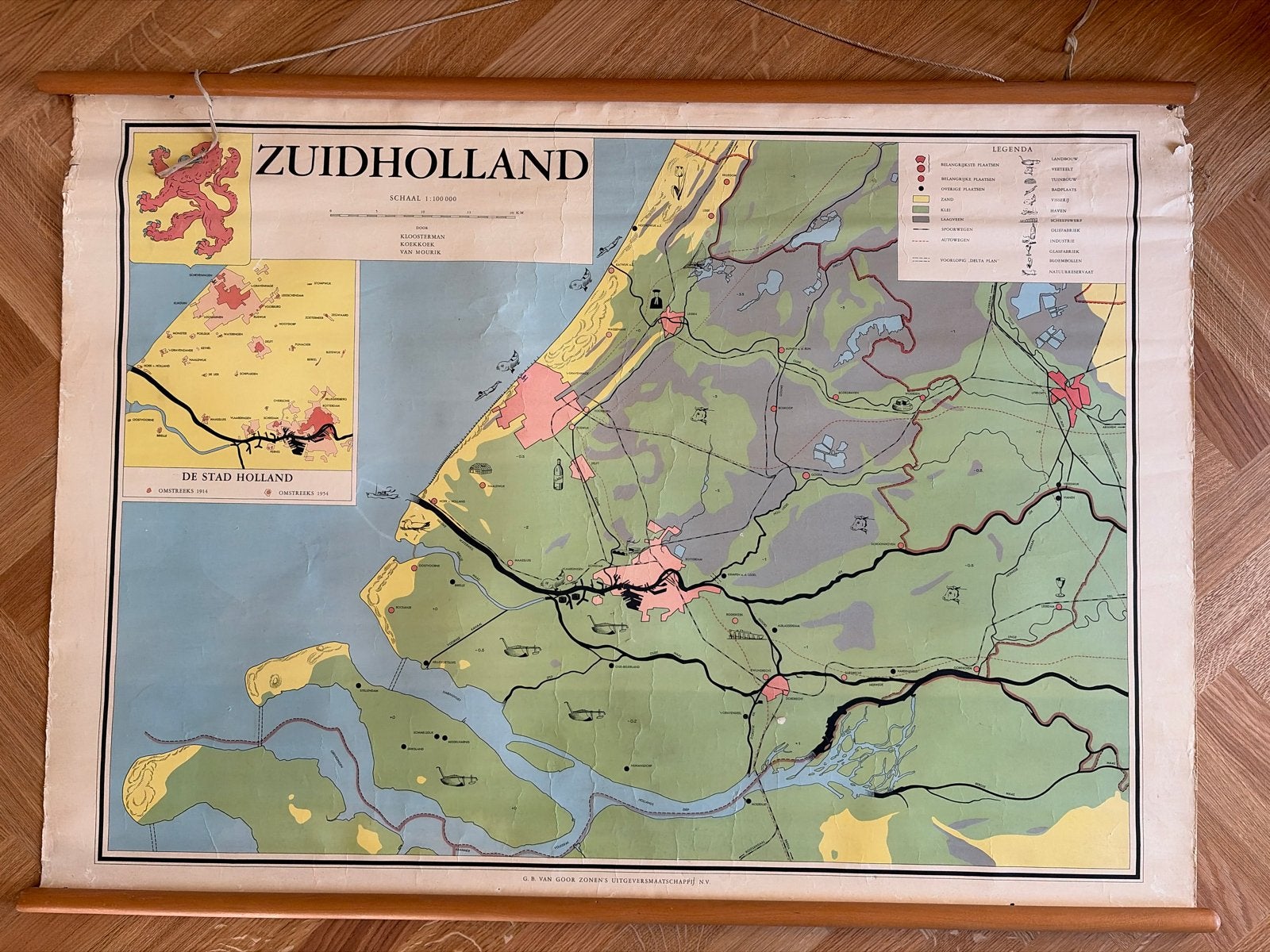 Oude wandkaart Zuid-Holland - Schaal 1:100.000, Boeken, Landkaart, 1800 tot 2000, Nederland, Ophalen