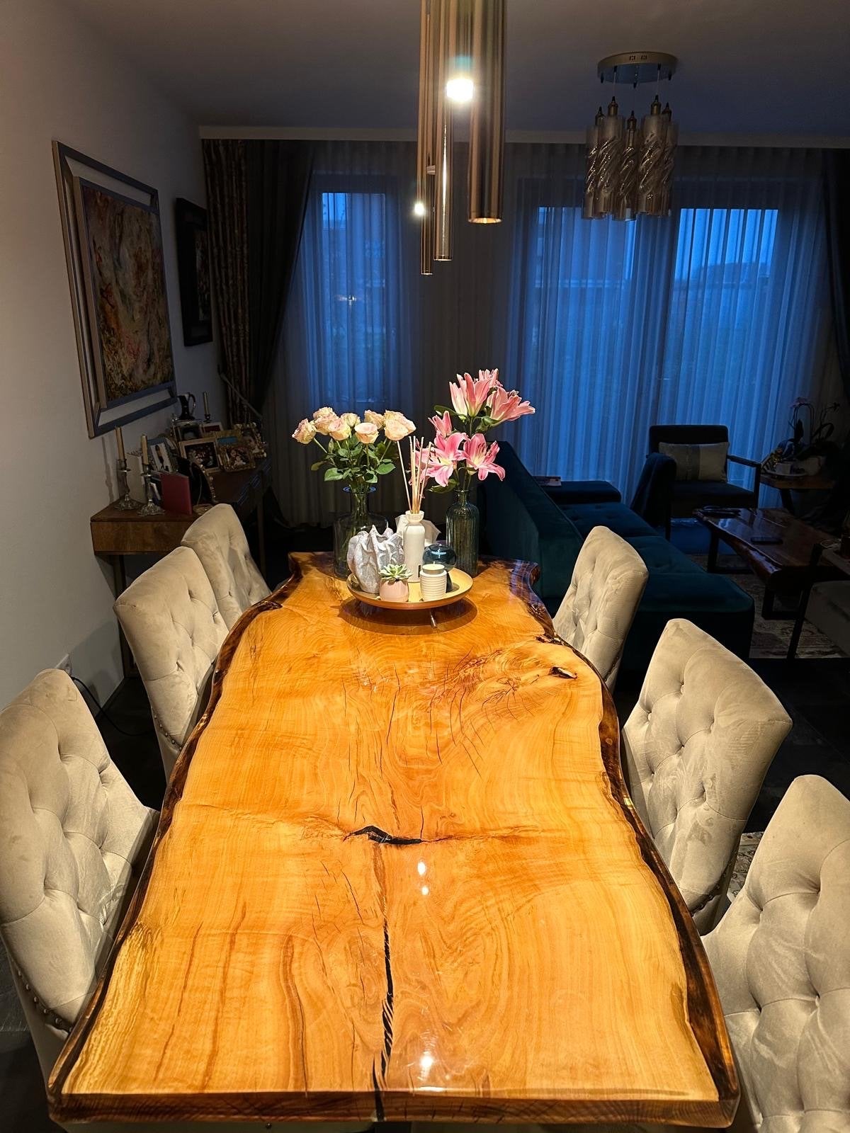 Unieke eettafel + salontafel massief hout epoxy afwerking, Ophalen, Eikenhout, 200 cm of meer, 50 tot 100 cm