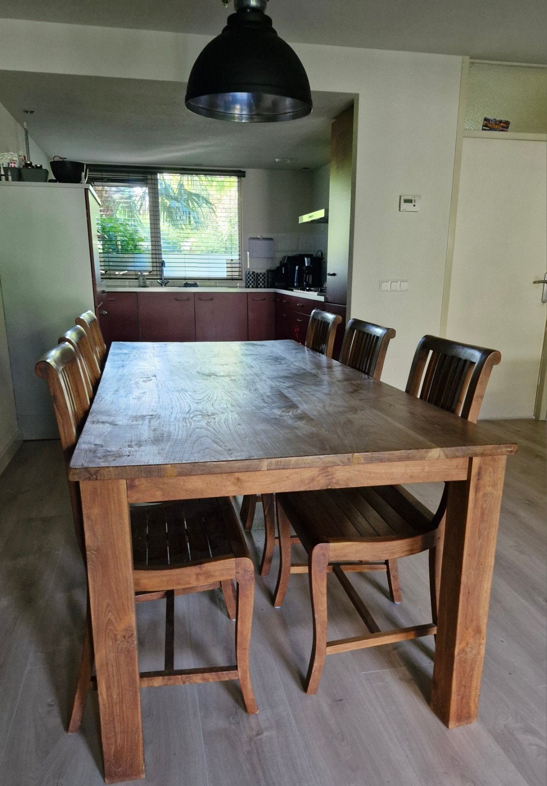 Teakhouten eettafel (220x100) met 6 stoelen, Ophalen, Gebruikt, Koloniaal, Teakhout