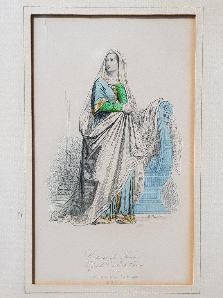 Edelvrouw mooie antieke ingelijste gravure uit Frankrijk., 1800 - 1899, Portret, Met tekst, Ophalen of Verzenden