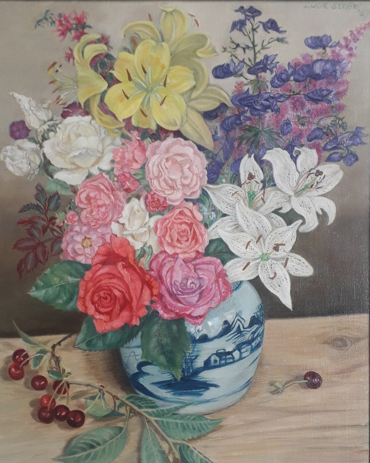 KLEURRIJK STILLEVEN BLOEMEN🌹KERSEN 🍒 LUCIE STEFFENS 👌, Antiek en Kunst, Kunst | Schilderijen | Klassiek, Bloemen, Doek, Realistisch