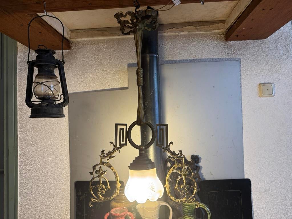 Art Deco, Hanglamp,1920-30, Gebruikt, 50 tot 75 cm, Ophalen of Verzenden, Glas