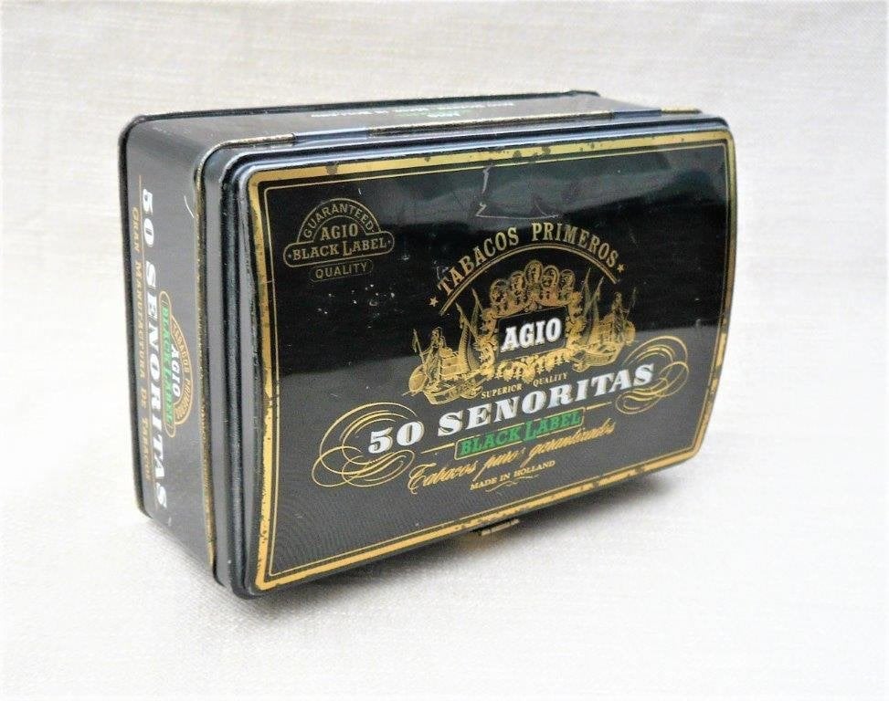 Blik (leeg) Agio 50 senoritas black label Duizel Nbr + slot., Ophalen of Verzenden, Gebruikt, Tabaksdoos of Verpakking