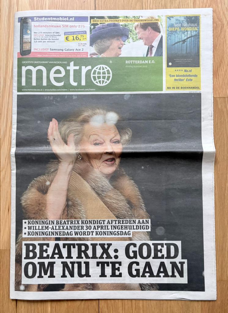 Metro 29-1-2013 BEATRIX Aankondiging Aftreden, Verzenden, Gebruikt, Nederland, Tijdschrift of Boek