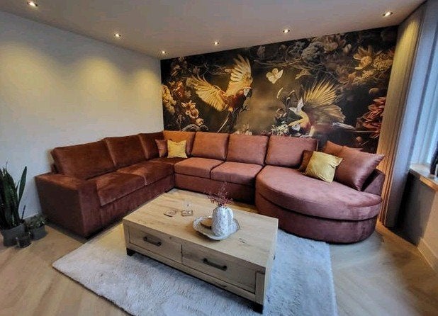 Grote roest/koperkleurige velours hoekbank - z.g.a.n., Huis en Inrichting, Banken | Bankstellen, Ophalen, Hoekbank, 300 cm of meer