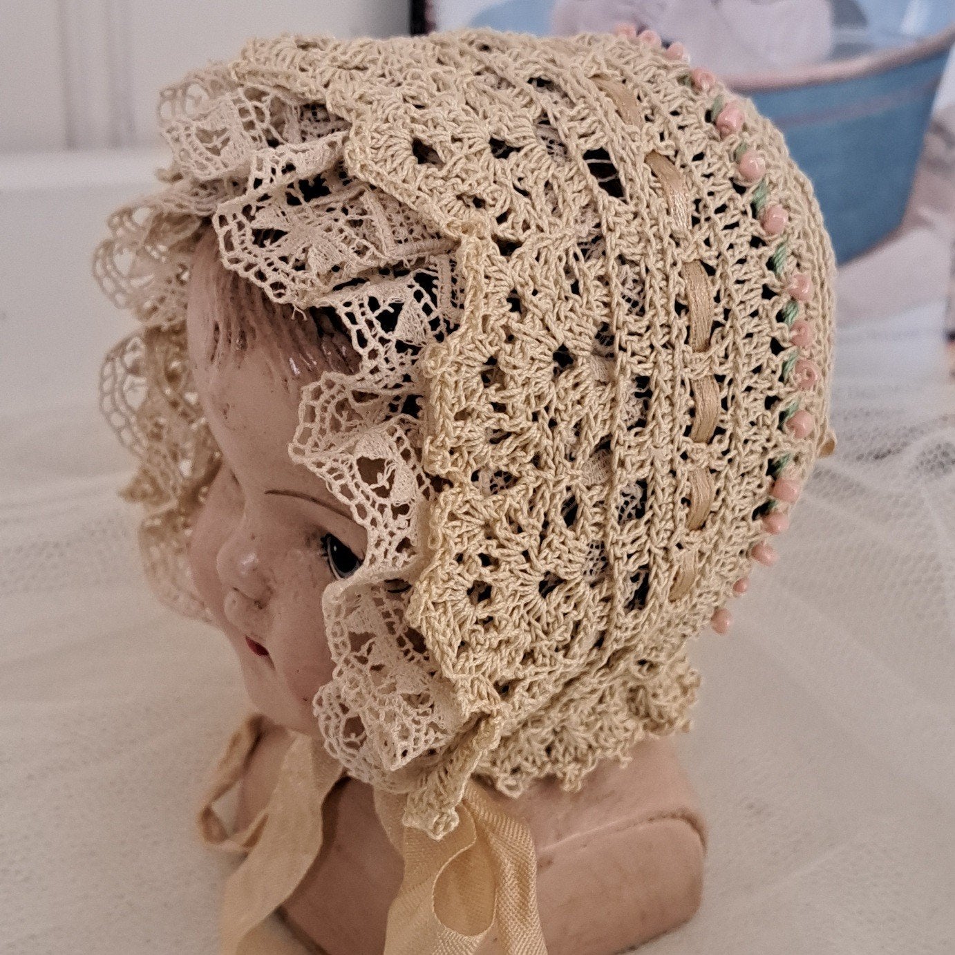 Hand gehaakt Katoen Brocante Poppenmutsje NIEUW, Antiek en Kunst, Ophalen of Verzenden
