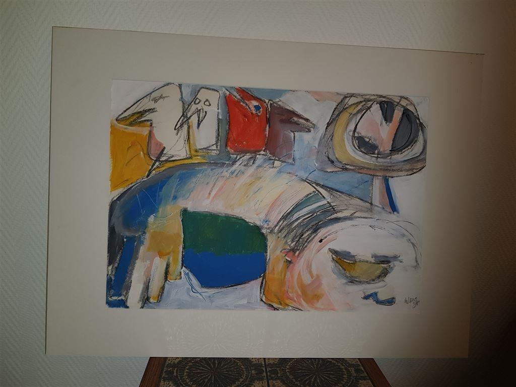 Abstract schilderij, niet leesbaar gesigneerd, Ophalen