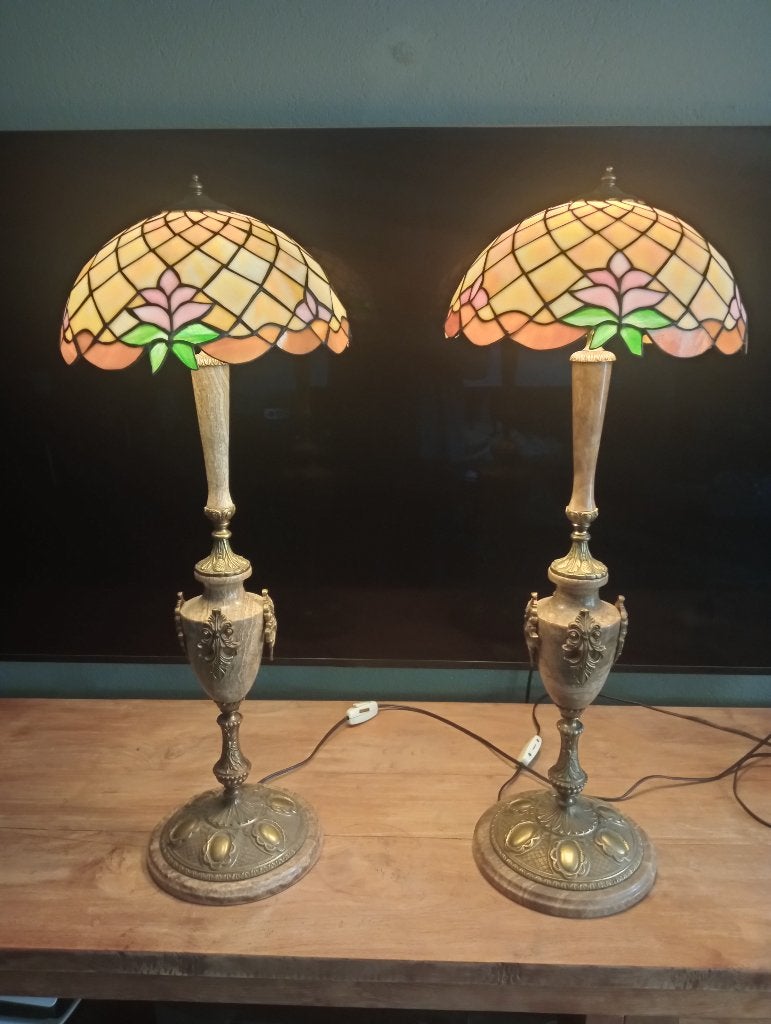 Twee Tiffany bronzen marmeren glas in lood lampen klassiek, Ophalen, Glas, Klassiek