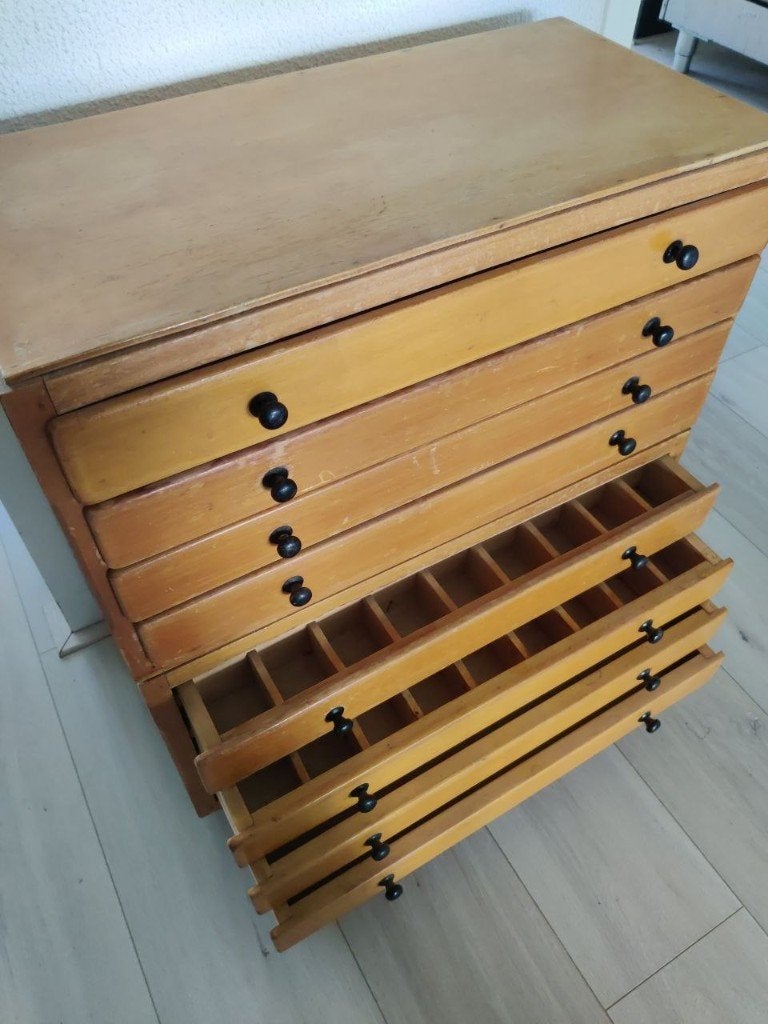 Vintage ladekast/ letterkast / drukkers zetkast  jaren 60, Huis en Inrichting, Kasten | Ladekasten, Ophalen, 50 tot 100 cm, Zo goed als nieuw