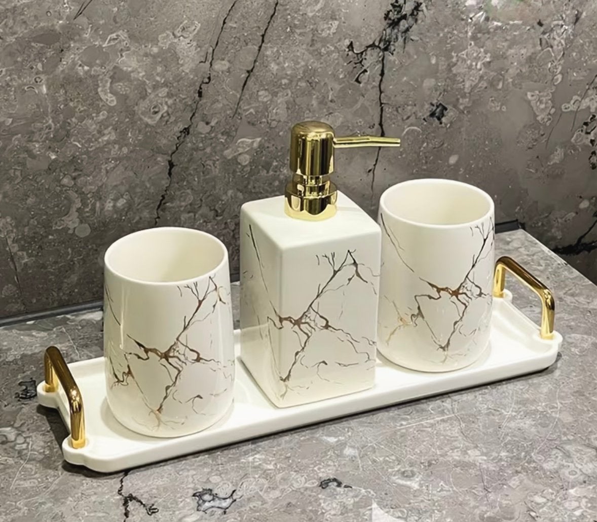 Marmer look badkamer set in wit of zwart, Ophalen of Verzenden, Nieuw, Meerkleurig, Zeepdispenser/zeepbakje