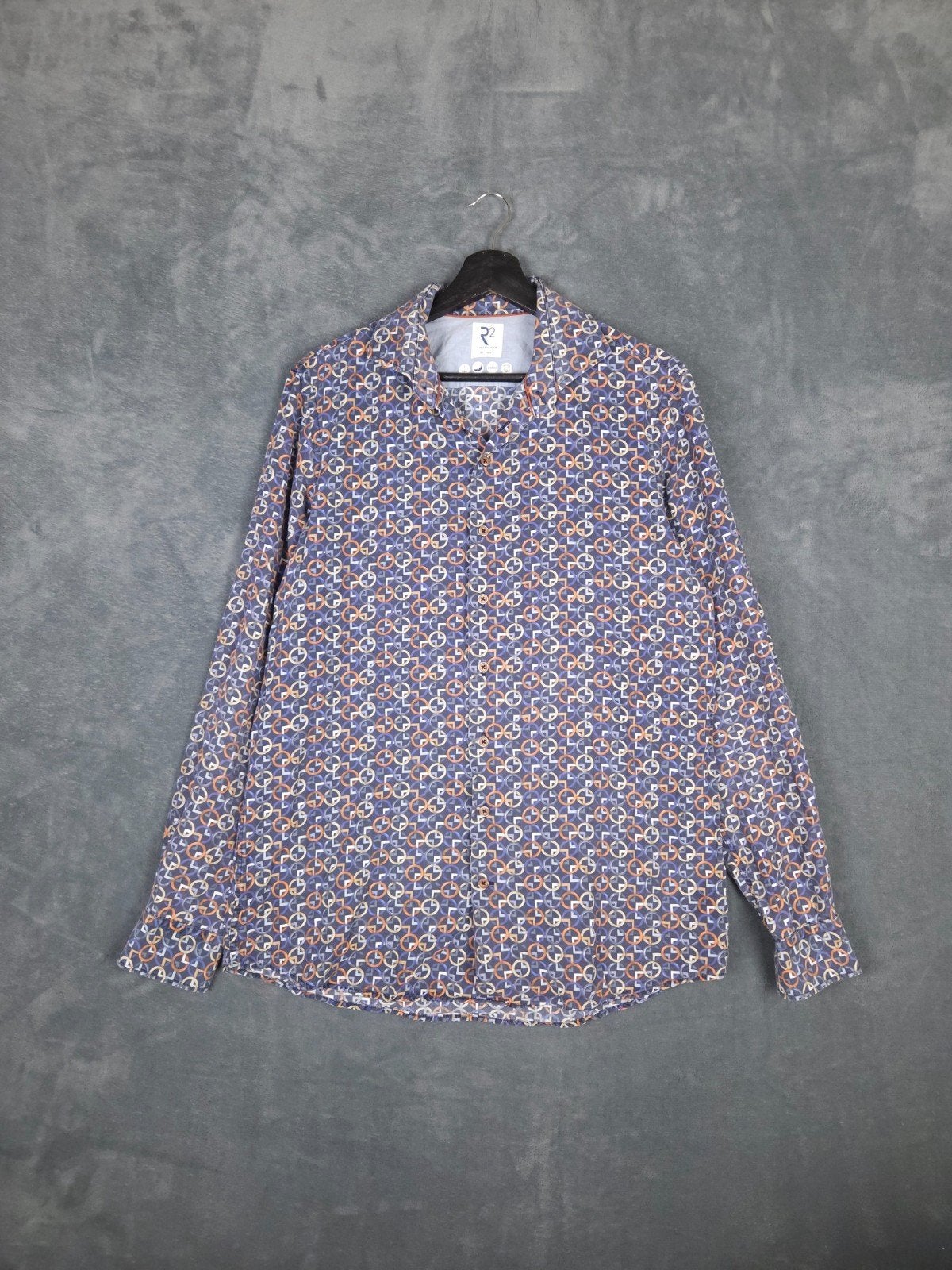 R2 Amsterdam Overhemd Blauw Oranje Print Katoen, Blauw, ., Ophalen of Verzenden, Zo goed als nieuw
