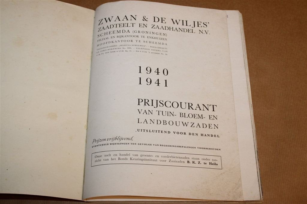 Zwaan & De Wiljes — Zaadprijscourant 1940-1941, Ophalen of Verzenden, Gelezen, Interieur en Design