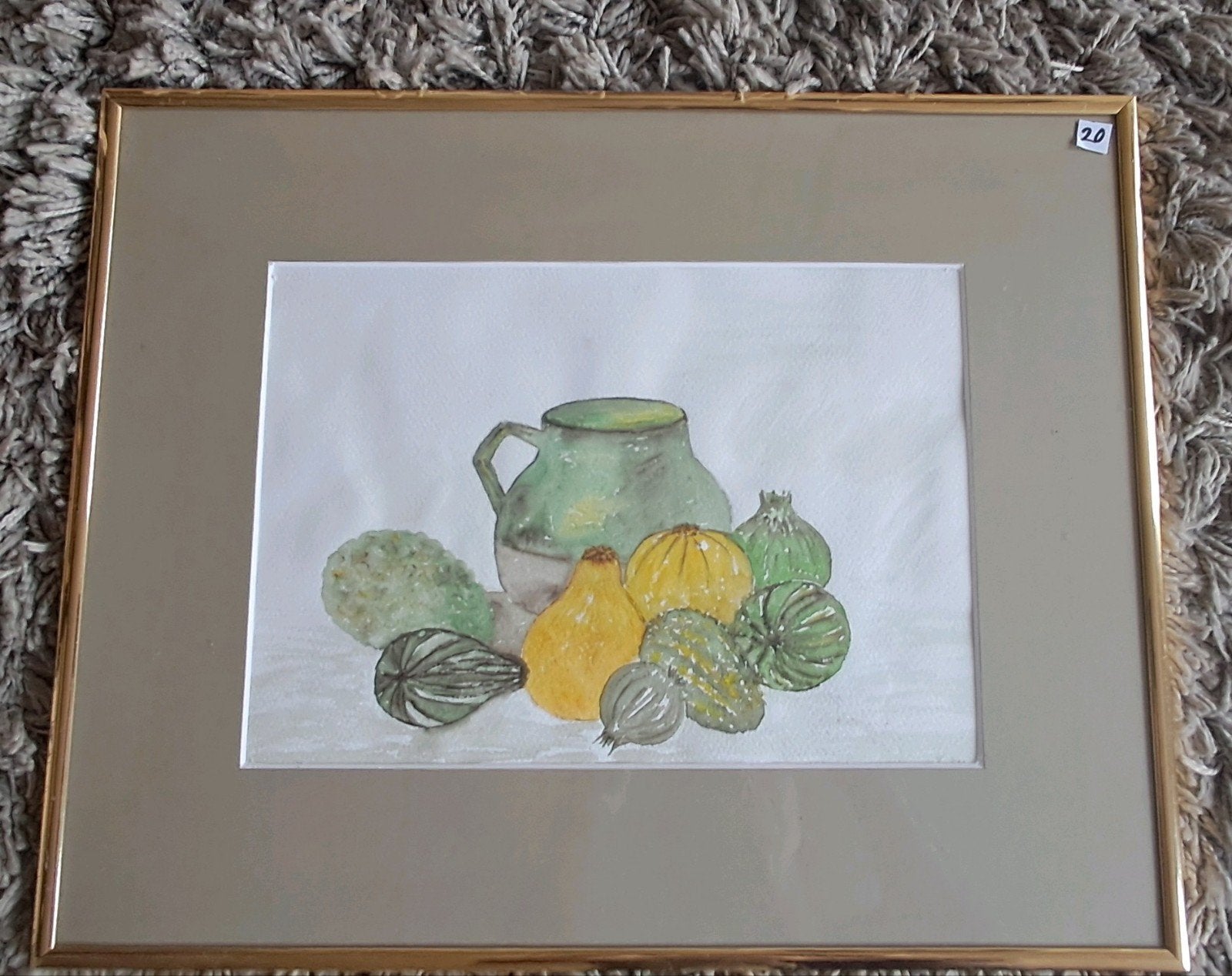 20. Stilleven met pompoenen en kruik - Aquarel, Achter glas, Realistisch, Stilleven, Ophalen of Verzenden