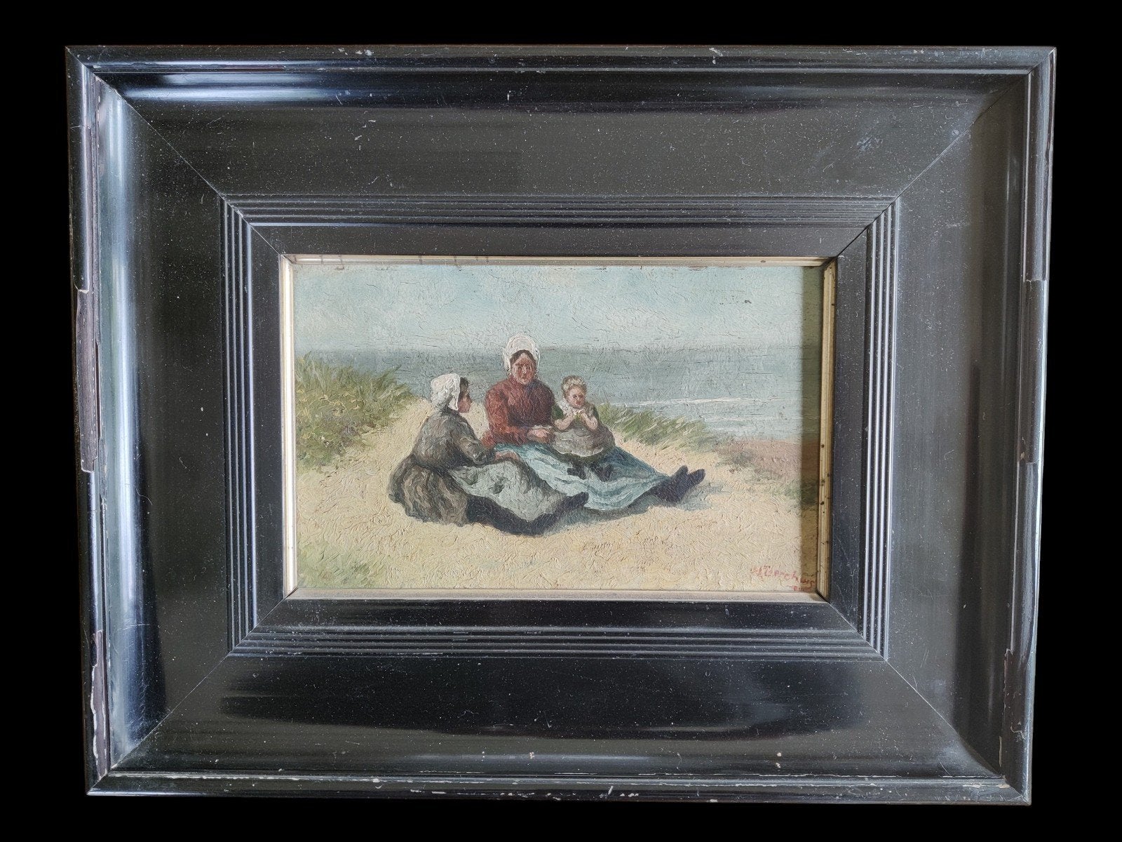 Fraai Hollands tafereel 3 dames in de duinen, gesigneerd, Ophalen of Verzenden