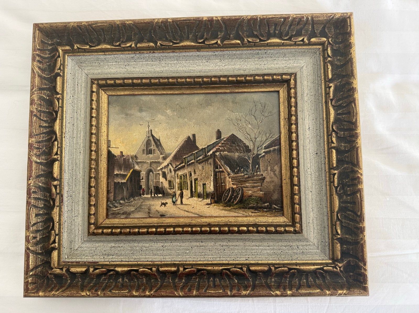 Oud Hollands Stadsgezicht Olieverf Schilderij Ingelijst, Paneel, Oud hollands, Ophalen of Verzenden, Olieverf