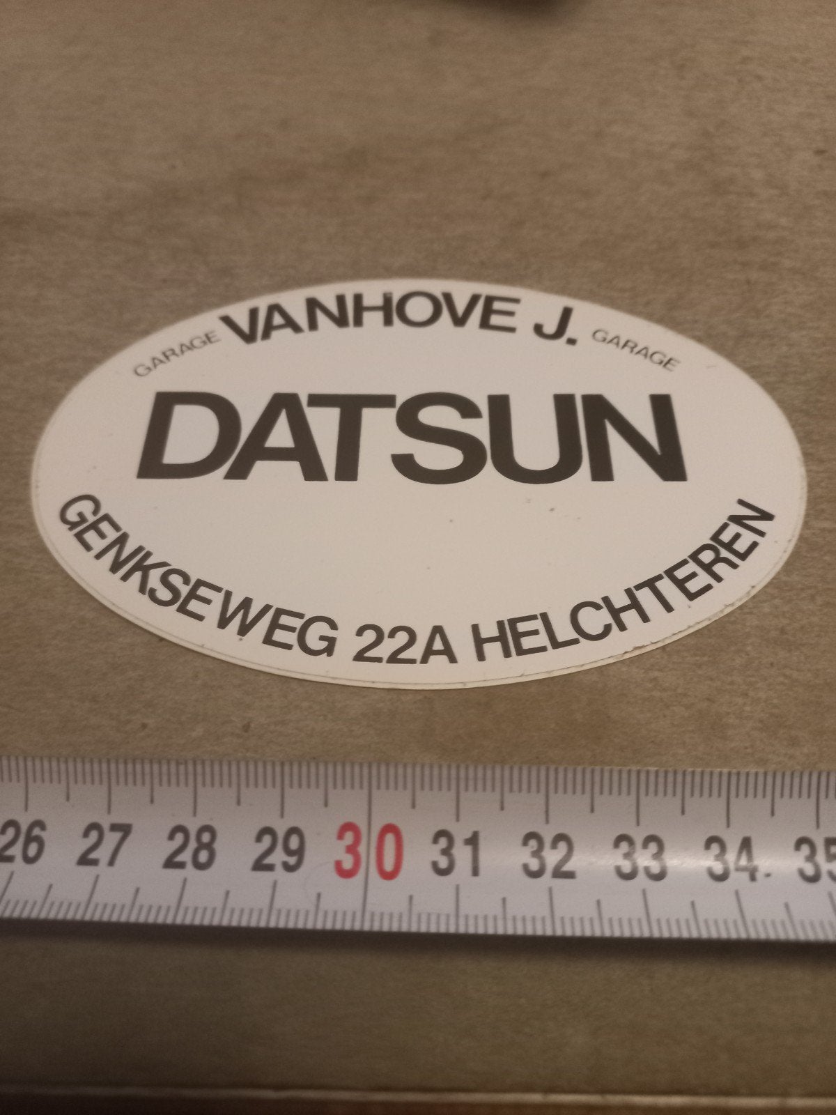 Vintage Datsun Garage Vanhove J. Helchteren Sticker, Ophalen of Verzenden