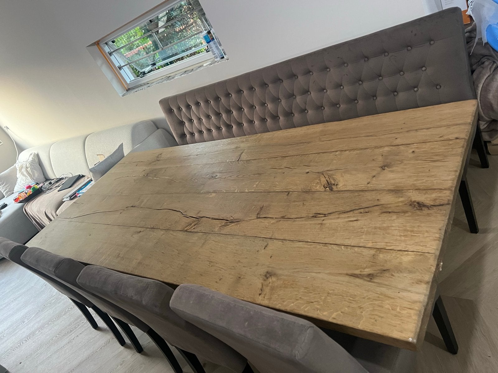 Robuuste eikenhouten eettafel met stalen onderstel, Ophalen, Eikenhout, 200 cm of meer, 50 tot 100 cm