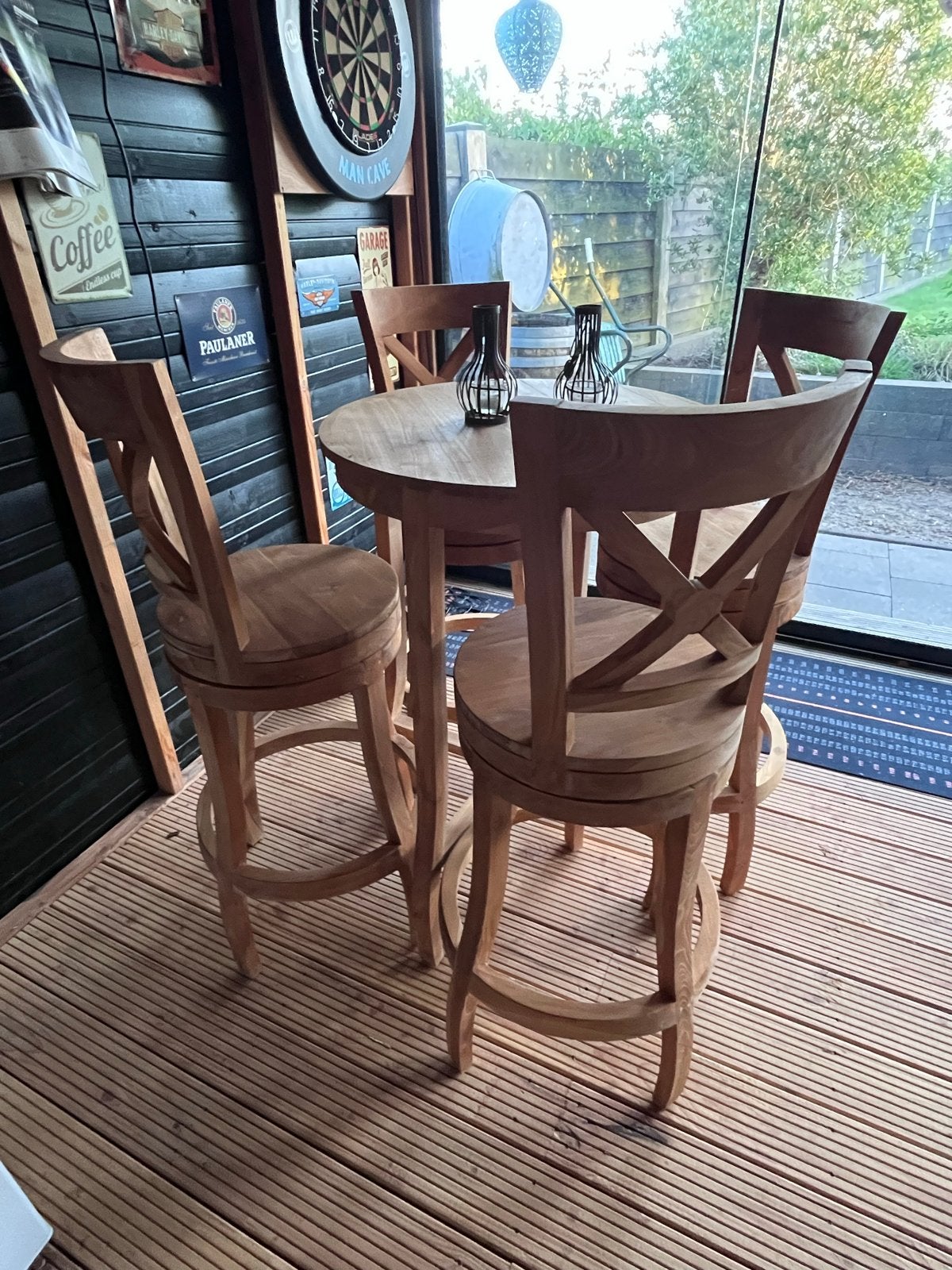 Set van 4 draaibare houten barkrukken + tafel, Huis en Inrichting, Ophalen, Draaibaar, Gebruikt, 60 tot 90 cm