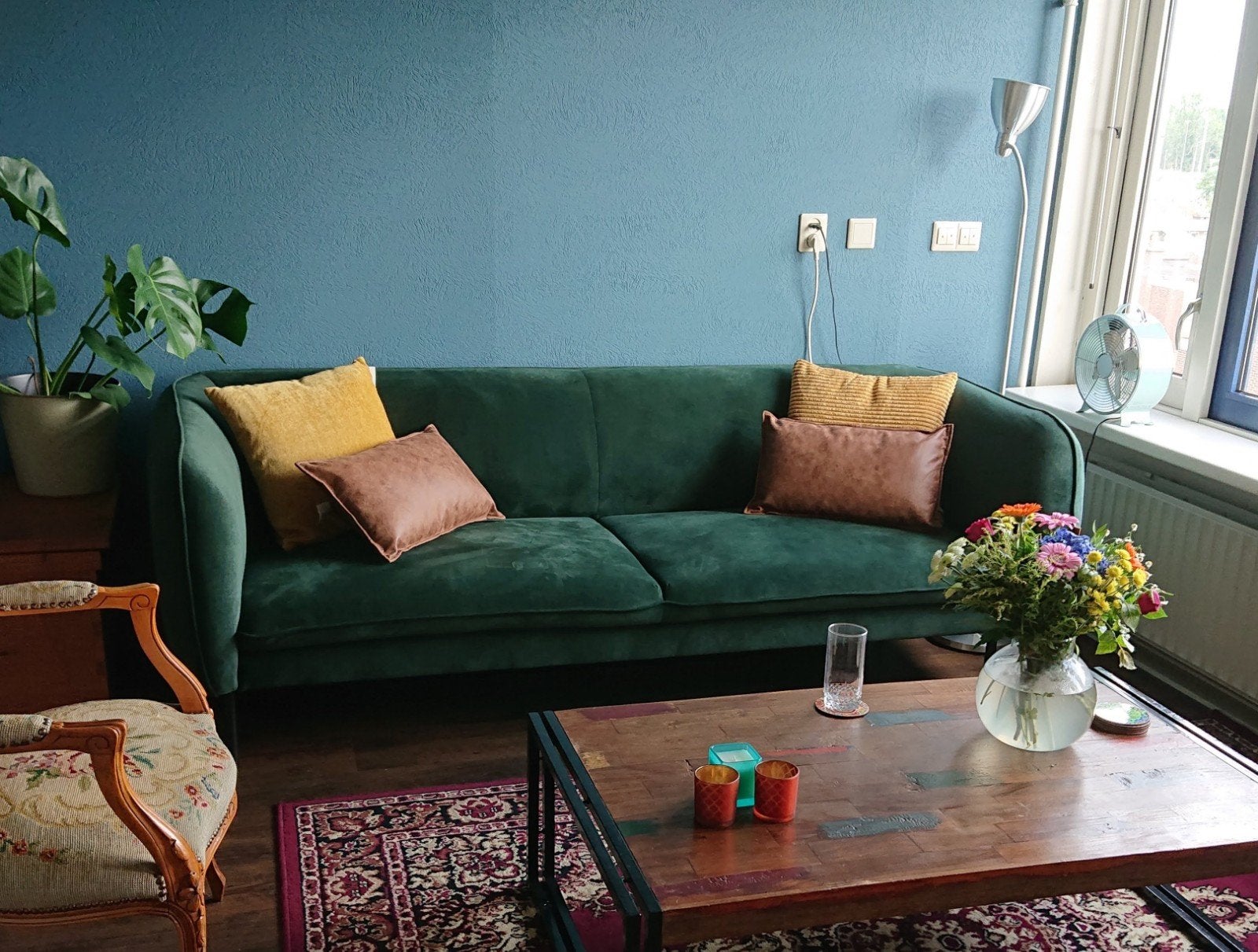Groene fluwelen bank / green velvet couch, Ophalen, Gebruikt, 75 tot 100 cm, 150 tot 200 cm