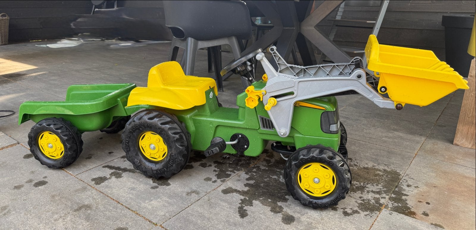 John Deere Traptrekker met voorlader en aanhanger, Ophalen, Gebruikt