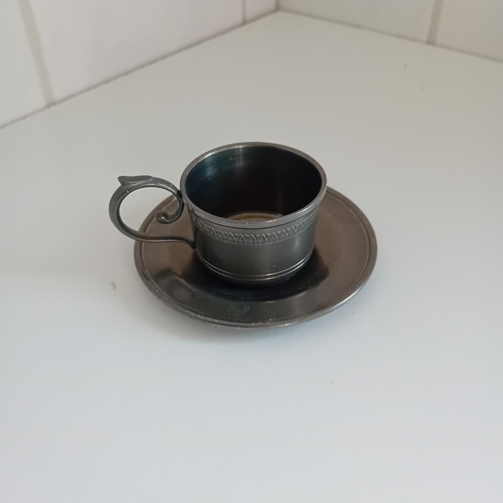 Vintage tinnen kop en schotel, Ophalen of Verzenden