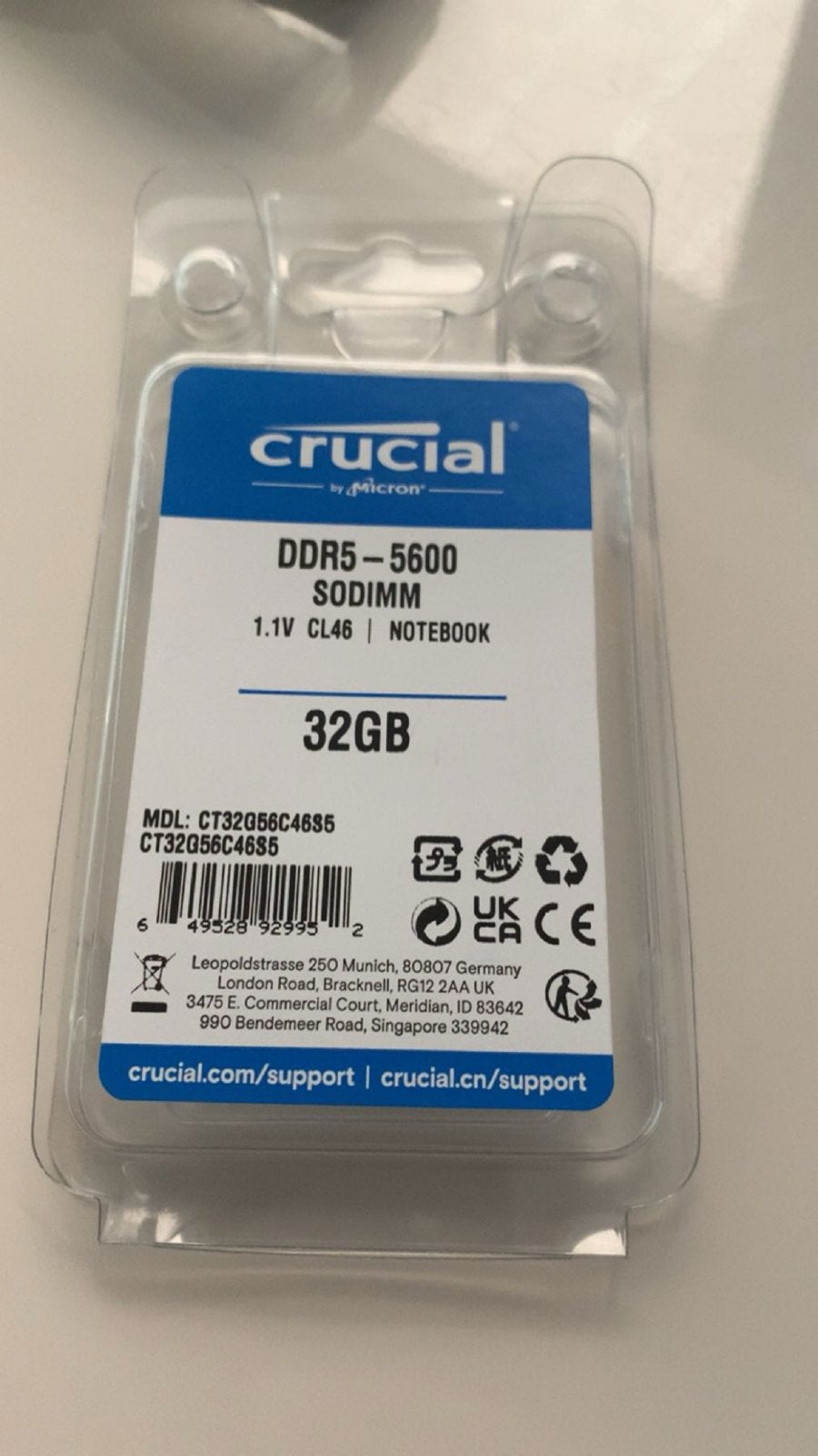 Crucial DDR5-5600 SODIMM 32GB Laptop Geheugen, Computers en Software, 32 GB, Nieuw, Ophalen of Verzenden, DDR5