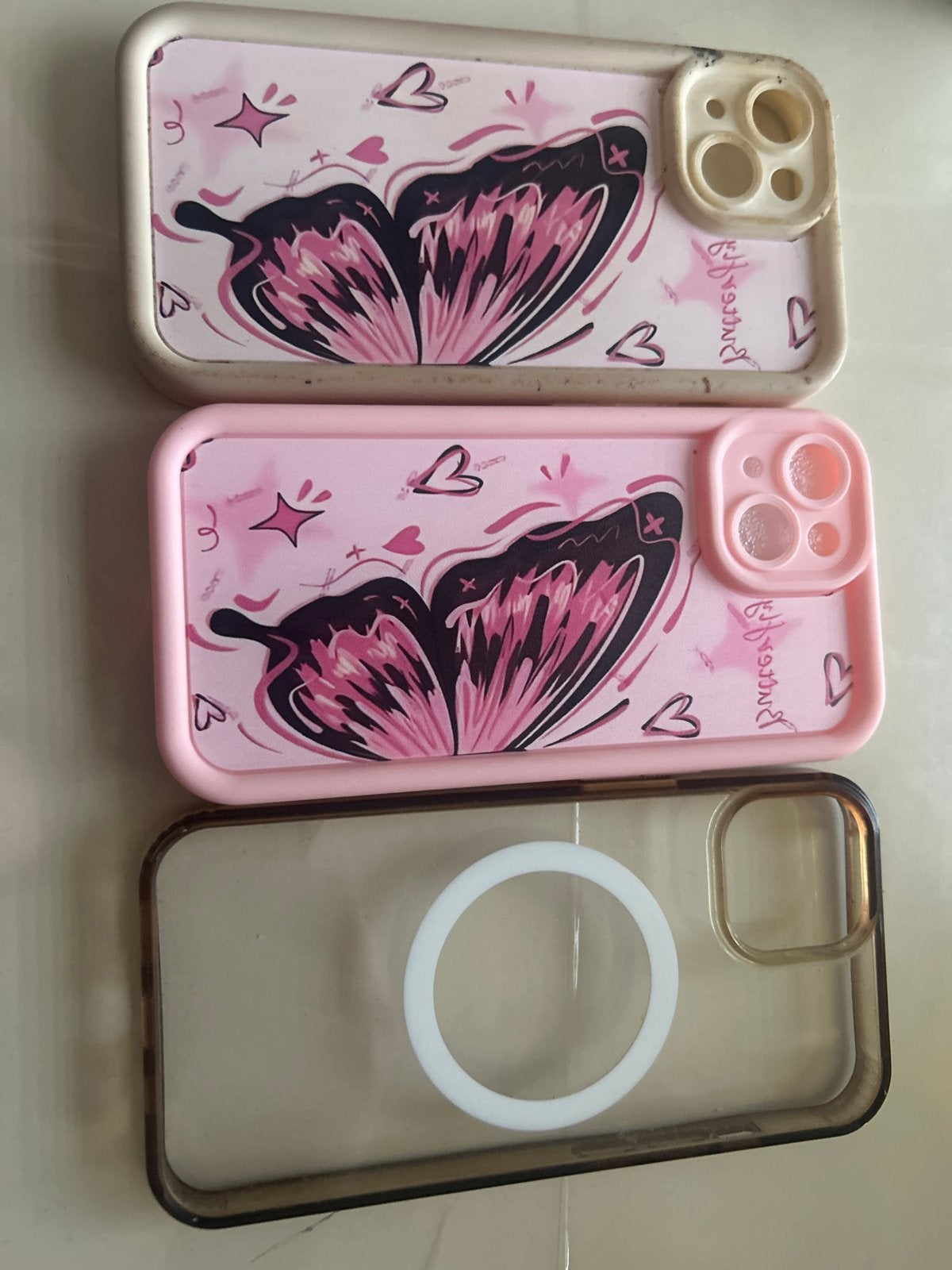 iPhone 13 Pro hoesjes - Roze vlinder & Transparant MagSafe, Kunststof, Gebruikt, IPhone 13 Pro, MagSafe