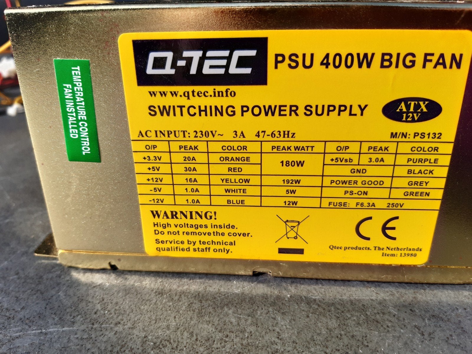 Q-TEC PSU 400W BIG FAN ATX 12V Voeding, Computers en Software, Ophalen, Gebruikt