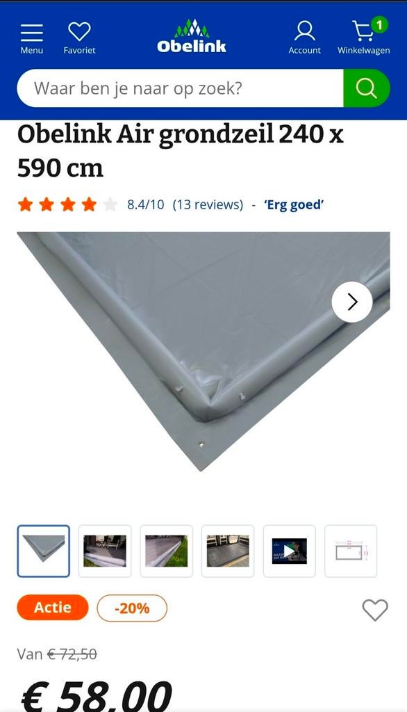 Obelink Air grondzeil 240 x 590 cm met opstaande rand, Ophalen of Verzenden, Zo goed als nieuw