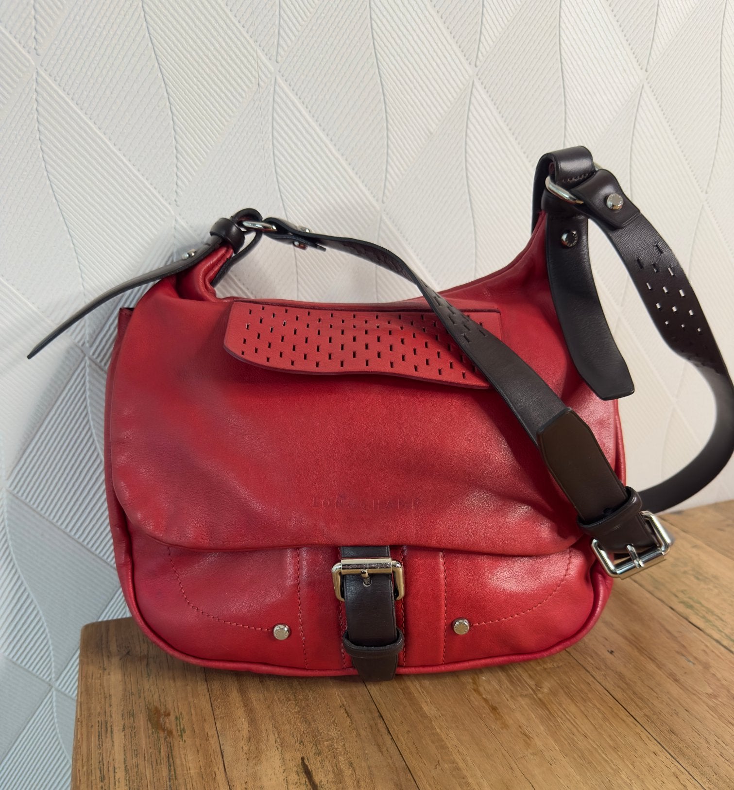 Longchamp Balzane tas, maat M, leer, rood, Ophalen of Verzenden, Gebruikt, Rood, Schoudertasje