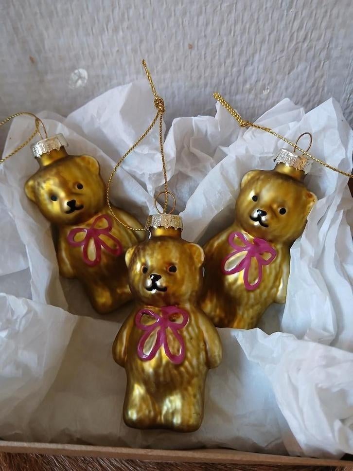 Nieuw: 3 kerstballen glas beer goud bruin - beren kerstmis, Diversen, Kerst, Ophalen of Verzenden, Nieuw