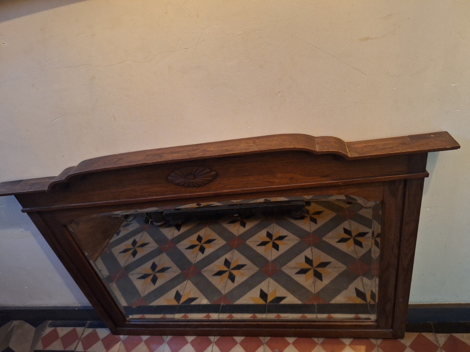 Antieke eiken wandspiegel, geslepen rand, 125 bij 85 cm, Ophalen, Rechthoekig