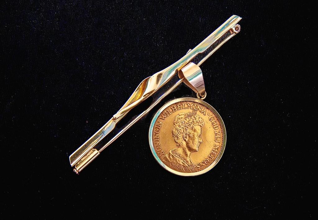 Gouden tientje Wilhelmina 1912 met gouden speld, Postzegels en Munten, Goud, Koningin Wilhelmina, 10 gulden, Verzenden