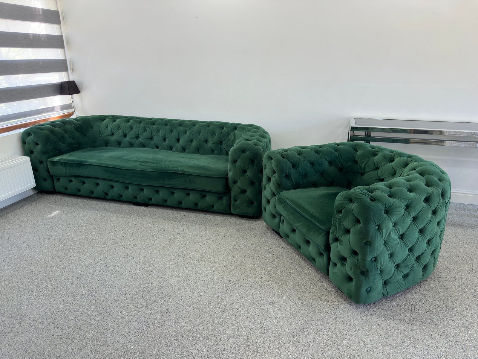 Chesterfield bankstel donkergroen fluweel + fauteuil, Huis en Inrichting, Banken | Voetenbanken en Poefen, Ophalen, Gebruikt, 125 cm of meer