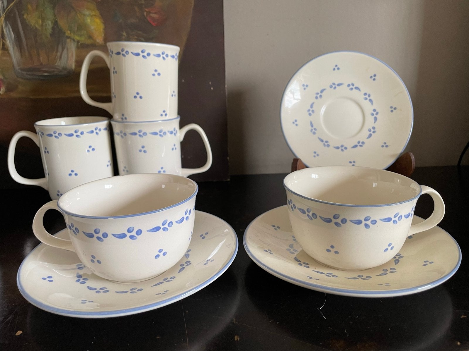 Royal Stafford pfalzkeramiek Douwe Egberts blauw/wit servies, Ophalen, Zo goed als nieuw, Overige stijlen, Kop(pen) en/of Schotel(s)