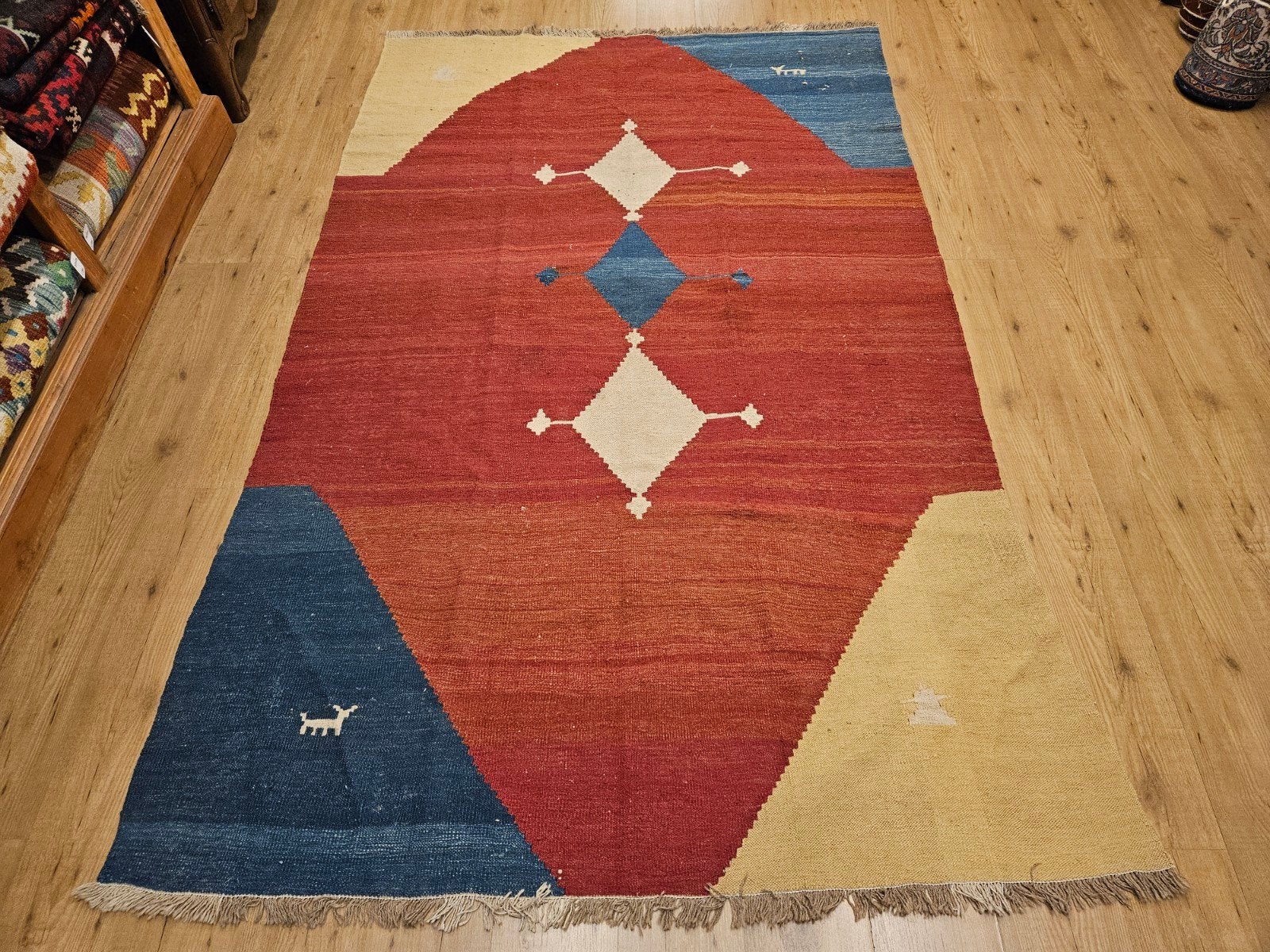 Vintage handgeweven perzische wollen kelim 263x158, Info@SlatsAntiek.nl, Blauw, Tweedehands, Perzisch