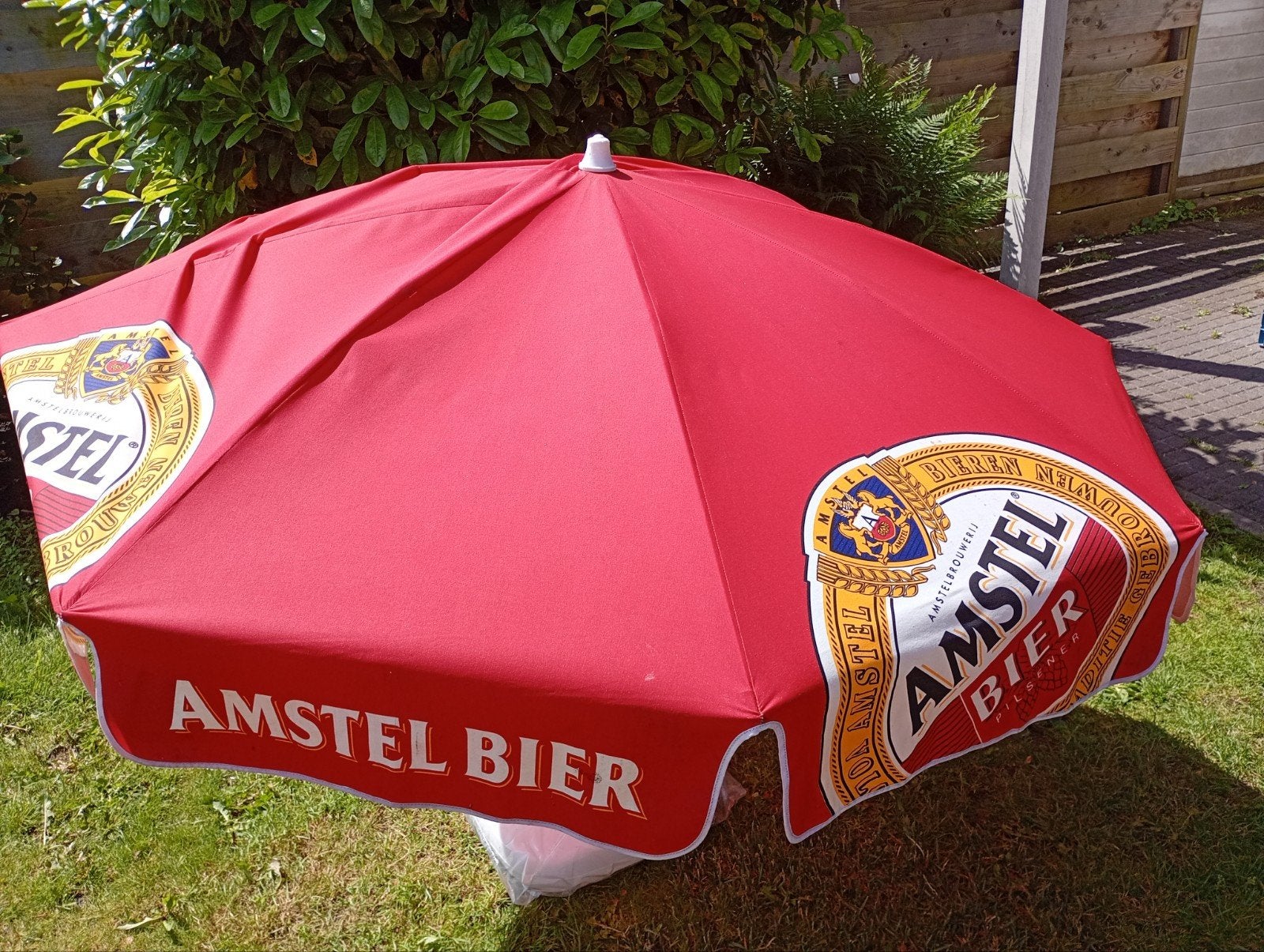 Amstel Bier Parasol met nieuwe stok en voet, Ophalen, Gebruikt, Minder dan 1 meter, Parasolvoet