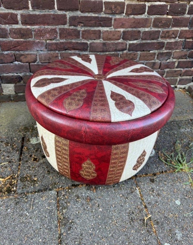 Vintage poef met opbergruimte jaren 60/70, Minder dan 50 cm, Gebruikt, Rond, Minder dan 50 cm