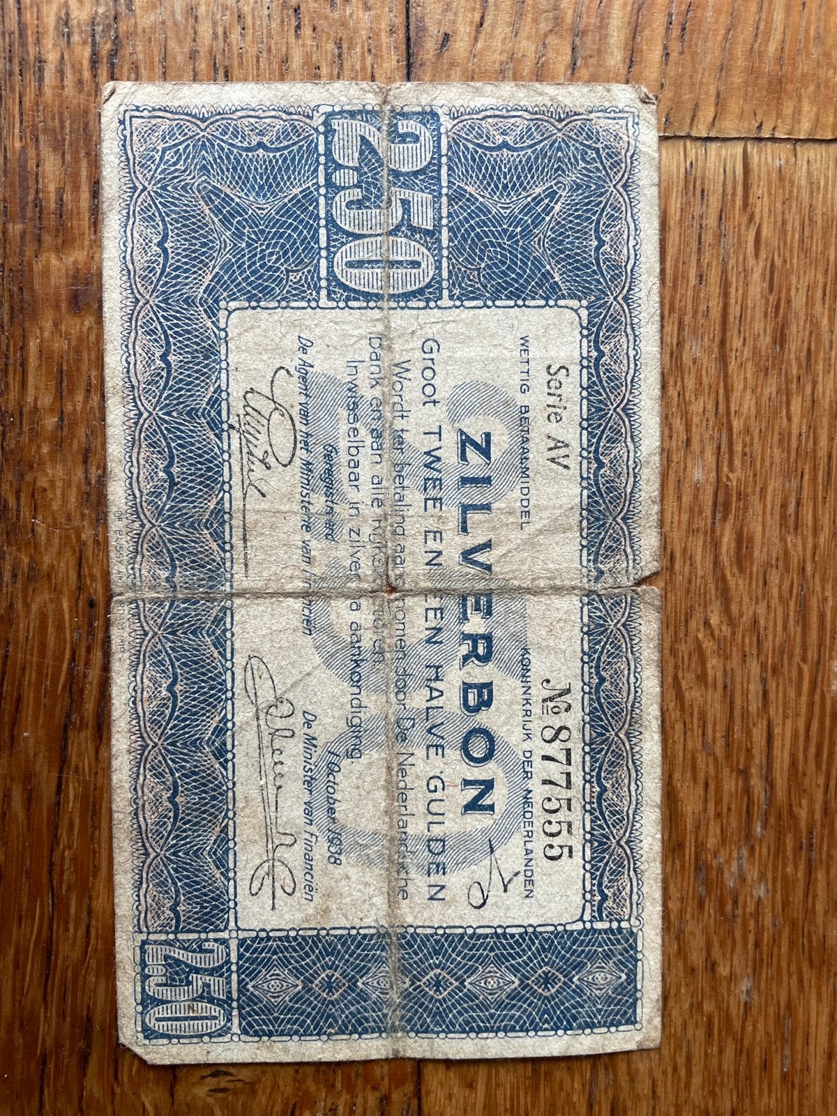 ZILVERBON, GROOT TWEE EN EEN HALVE GULDEN, 1 OKTOBER 1938,, Postzegels en Munten, Ophalen, Los biljet