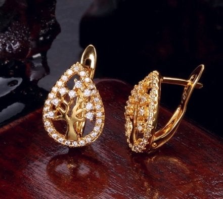 Levensboom 18K goud verguld oorbellen met zirkonen, Overige materialen, Nieuw, Ophalen of Verzenden, Met edelsteen