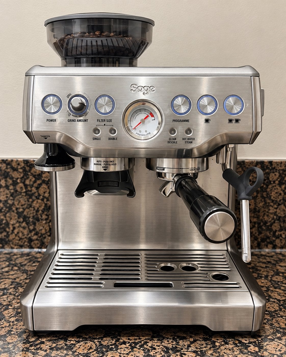 Sage Barista Express Espressomachine - Zo goed als nieuw, Witgoed en Apparatuur, Espresso apparaat, Zo goed als nieuw, Afneembaar waterreservoir