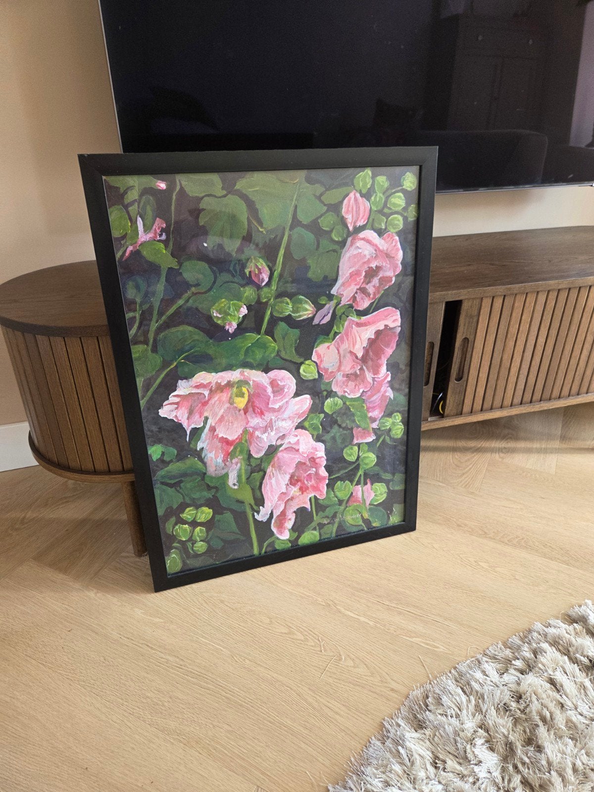 Schilderij met roze bloemen in zwarte lijst, Bloemen, Doek, Realistisch, Origineel werk